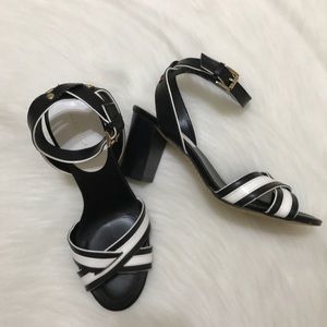 Tommy Hilfiger Black White Heeled Sandals Women’s 7.5 Ankle Strap Chic